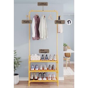 BBAUER Entryway Coat Rack with 2 Hooks Garment Rack with 3-Tier Shelf Free Standing Shoe Rack with Garment Rail for Bedroom Living Room Hallway (Color : Yellow, Size : 60x30x165cm)