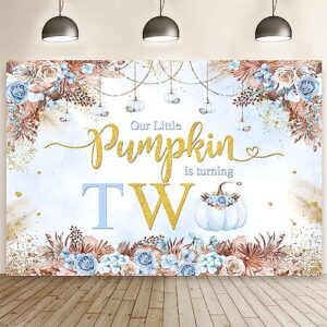 mehofond 7x5ft boho blue fall pumpkin 2nd birthday backdrop autumn our little pumpkin is turning two bday party photography background boho floral gold glitter party decor cake smash photo prop