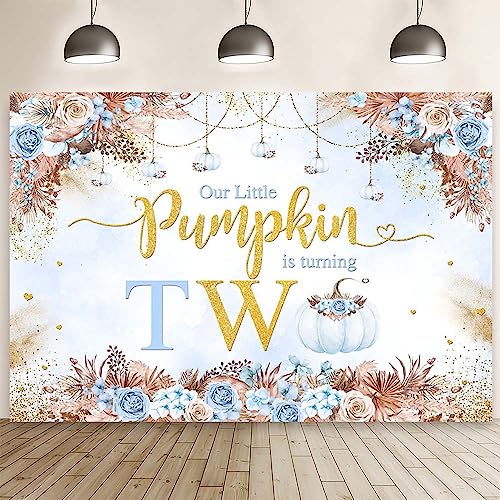 MEHOFOND 7x5ft Boho Blue Fall Pumpkin 2nd Birthday Backdrop Autumn Our Little Pumpkin is Turning Two Bday Party Photography Background Boho Floral Gold Glitter Party Decor Cake Smash Photo Prop