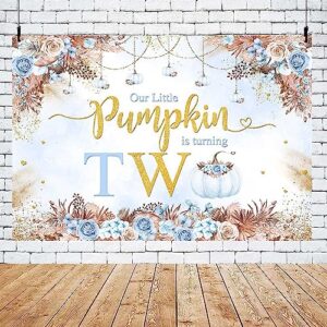 MEHOFOND 7x5ft Boho Blue Fall Pumpkin 2nd Birthday Backdrop Autumn Our Little Pumpkin is Turning Two Bday Party Photography Background Boho Floral Gold Glitter Party Decor Cake Smash Photo Prop