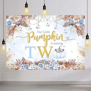 MEHOFOND 7x5ft Boho Blue Fall Pumpkin 2nd Birthday Backdrop Autumn Our Little Pumpkin is Turning Two Bday Party Photography Background Boho Floral Gold Glitter Party Decor Cake Smash Photo Prop