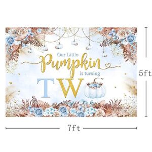 MEHOFOND 7x5ft Boho Blue Fall Pumpkin 2nd Birthday Backdrop Autumn Our Little Pumpkin is Turning Two Bday Party Photography Background Boho Floral Gold Glitter Party Decor Cake Smash Photo Prop