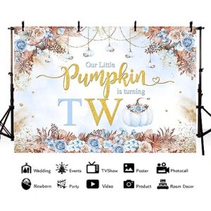 MEHOFOND 7x5ft Boho Blue Fall Pumpkin 2nd Birthday Backdrop Autumn Our Little Pumpkin is Turning Two Bday Party Photography Background Boho Floral Gold Glitter Party Decor Cake Smash Photo Prop