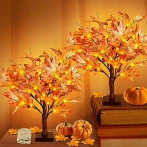 remon 36 led lighted fall maple tree - 1.5ft thanksgiving tabletop lamp decor with, 72 maple leaves, 6 acorns, timer battery operated 18 inch burlap base fall artificial tree for autumn decorations