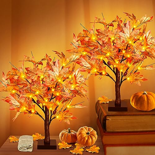 Remon 36 LED Lighted Fall Maple Tree - 1.5FT Thanksgiving Tabletop Lamp Decor with, 72 Maple Leaves, 6 Acorns, Timer Battery Operated 18 Inch Burlap Base Fall Artificial Tree for Autumn Decorations