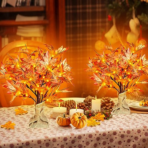 Remon 36 LED Lighted Fall Maple Tree - 1.5FT Thanksgiving Tabletop Lamp Decor with, 72 Maple Leaves, 6 Acorns, Timer Battery Operated 18 Inch Burlap Base Fall Artificial Tree for Autumn Decorations