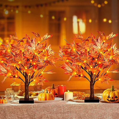 Remon 36 LED Lighted Fall Maple Tree - 1.5FT Thanksgiving Tabletop Lamp Decor with, 72 Maple Leaves, 6 Acorns, Timer Battery Operated 18 Inch Burlap Base Fall Artificial Tree for Autumn Decorations