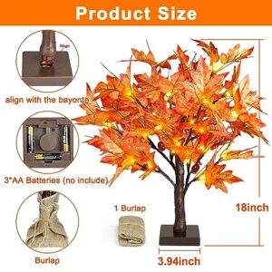 Remon 36 LED Lighted Fall Maple Tree - 1.5FT Thanksgiving Tabletop Lamp Decor with, 72 Maple Leaves, 6 Acorns, Timer Battery Operated 18 Inch Burlap Base Fall Artificial Tree for Autumn Decorations