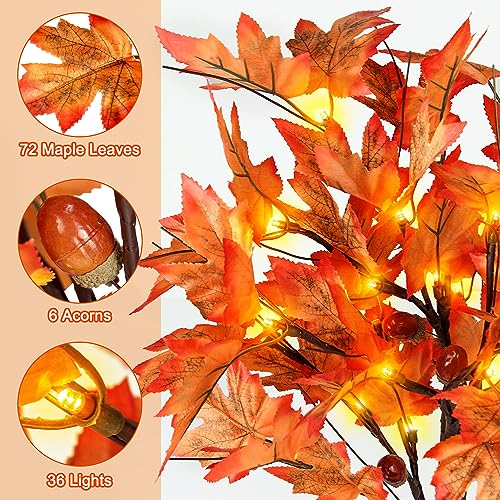 Remon 36 LED Lighted Fall Maple Tree - 1.5FT Thanksgiving Tabletop Lamp Decor with, 72 Maple Leaves, 6 Acorns, Timer Battery Operated 18 Inch Burlap Base Fall Artificial Tree for Autumn Decorations