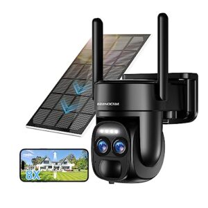 [ 8x zoom ] 4k 5dbi security cameras wireless outdoor, battery powered solar security camera outdoor 360° ptz wifi camera with spotlight siren, motion detection, color night vision,2-way audio, ip66