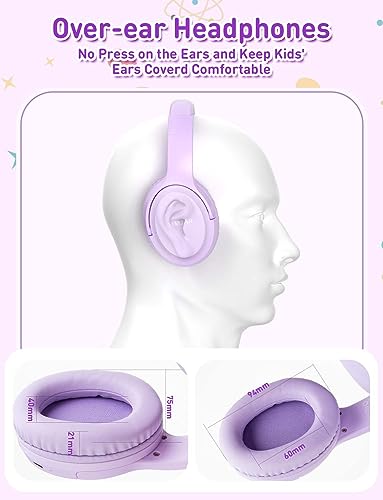 SIMJAR Kids Bluetooth Headphones, Lightweight Girl Headphone with Microphone, Volume Limiter 85/94dB, 50H Playtime, Over Ear Kids Wireless Headphones for Tablet/iPad/Travel