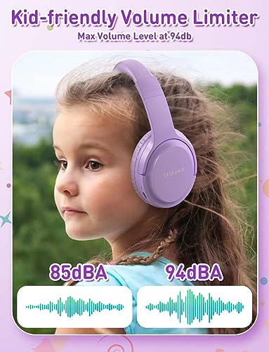 SIMJAR Kids Bluetooth Headphones, Lightweight Girl Headphone with Microphone, Volume Limiter 85/94dB, 50H Playtime, Over Ear Kids Wireless Headphones for Tablet/iPad/Travel