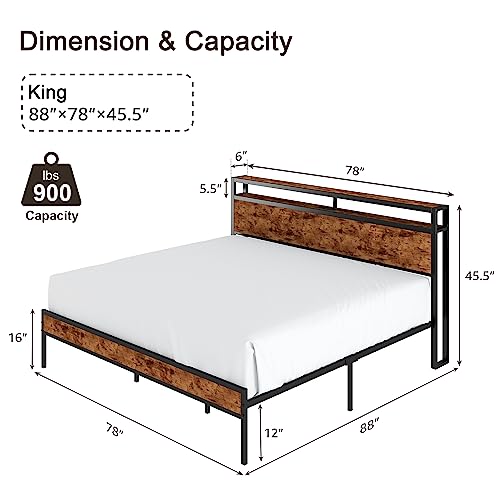 LUXOAK King Size Bed Frame, Platform Bed Frame with 2-Tier Storage Headboard and Charging Station/No Box Spring Needed/Noise Free/Industrial/Rustic Brown
