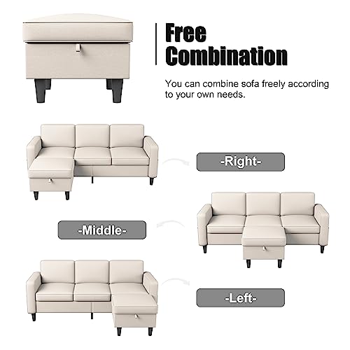 ZeeFu Convertible Sectional Sofa Couch,Modern Beige Linen Fabric Upholstered 3-Seat L-Shaped Sofa Furniture Set with Reversible Storage Ottoman and Pockets for Living Room Small Space Apartment