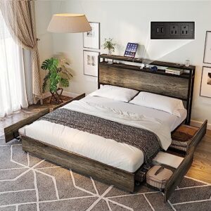 luxoak king size bed frame with 4 storage drawers, wooden platform bed with 2-tier storage headboard and charging station, no box spring needed/noise free/rustic grey