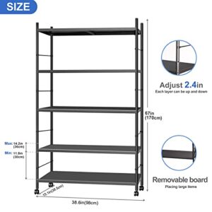 Terkoos 5-Tier Shelf Shelves for Storage, Heavy Duty Metal Shelves Wire Rack Shelving Unit, Adjustable Shelf with Wheels for Home Office Kitchen Bathroom