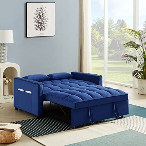 Eafurn 3 in 1 Multifunctional Convertible Sleeper Sofa Bed, Velvet Futon Loveseat Pull Out Couch,Small Tufted Sofa & Couches with Reclining Backrest & Side Pockets for Apartment Living Room Bedroom