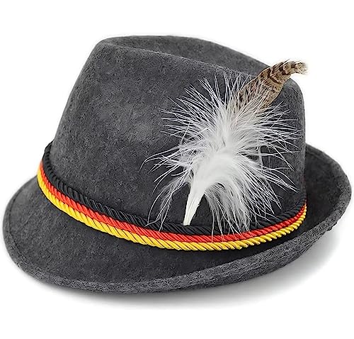 NociHah Men German-Oktoberfest-Alpine-Fedora-Hat - Women Bavarian Swiss Traditional Felt Costume Hat with Feather for Oktoberfest Party(S-M)