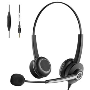 3.5mm headset with microphone for pc, headphones with microphone for laptop with mic noise cancelling, binaural computer headset with volume adjustment control switch for skype zoom call center office