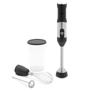 greenlife immersion electric handheld stick blender with stainless steel blades, whisk, frother, measuring cup and lid, soups, puree, cake, multi-speed control, portable, black