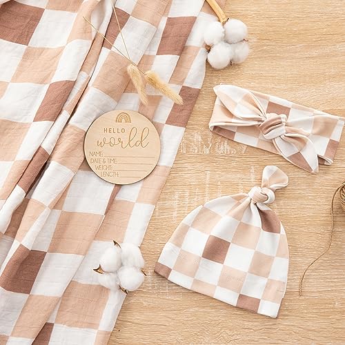 BabyWhale Muslin Swaddle Blanket with Hat and Headband Bow, Checkered Pattern Swaddle Set for Baby Boys ＆ Girls, Unisex Newborn Soft Receiving Swaddle Wrap, 47x47 inches