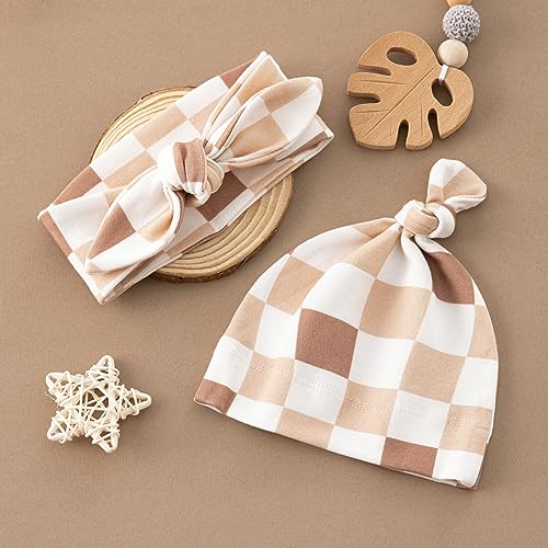 BabyWhale Muslin Swaddle Blanket with Hat and Headband Bow, Checkered Pattern Swaddle Set for Baby Boys ＆ Girls, Unisex Newborn Soft Receiving Swaddle Wrap, 47x47 inches