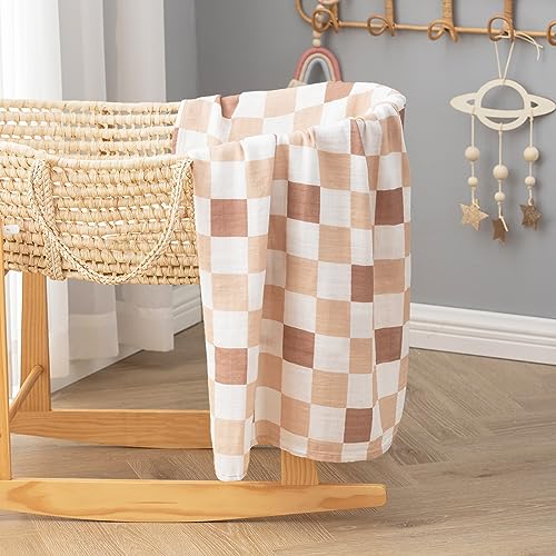 BabyWhale Muslin Swaddle Blanket with Hat and Headband Bow, Checkered Pattern Swaddle Set for Baby Boys ＆ Girls, Unisex Newborn Soft Receiving Swaddle Wrap, 47x47 inches