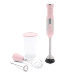 greenlife immersion electric handheld stick blender with stainless steel blades, whisk, frother, measuring cup and lid, soups, puree, cake, multi-speed control, portable, pink