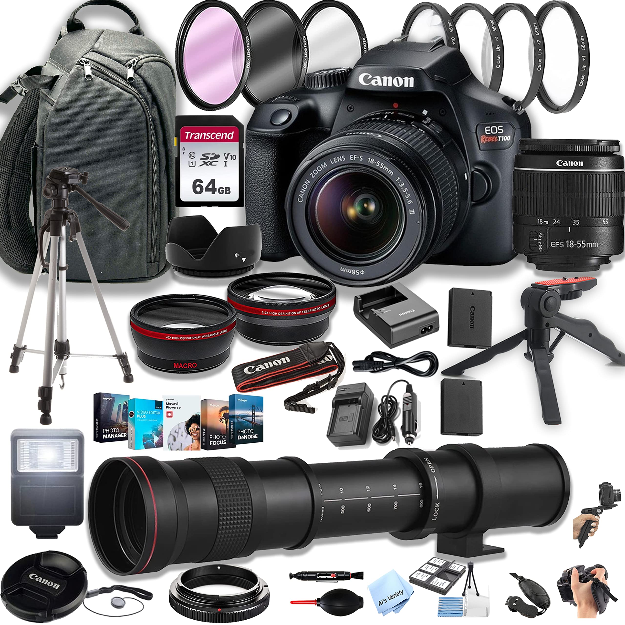 Canon EOS Rebel T100 DSLR Camera w/EF-S 18-55mm F/3.5-5.6 Zoom Lens + 420-800mm Super Telephoto Lens + 64GB Memory Cards, Professional Photo Bundle (42pc Bundle) (Renewed)