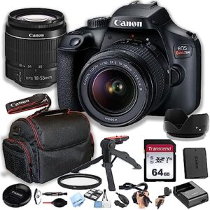 canon eos rebel t100 (eos 4000d) dslr camera w/ef-s 18-55mm f/3.5-5.6 zoom lens + 64gb memory card, case, hood, grip-pod, filter professional photo bundle