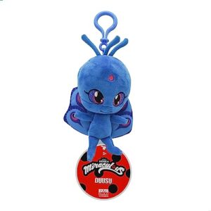 miraculous ladybug - kwami lifesize duusu, 5-inch peacock plush clip-on toys for kids, super soft collectible stuffed toy with glitter stitch eyes and color matching backpack keychain (wyncor)