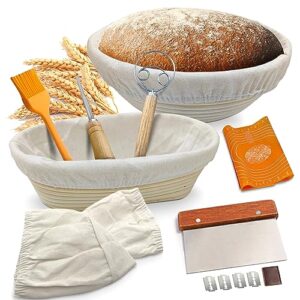 banneton bread proofing basket - bread proofing baskets for bread baking sets of 2-10" oval and 9" round indonesian rattan - bread basket proofing - bread making tools and supplies