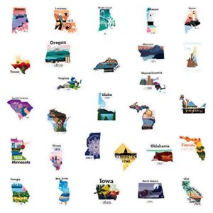 United States Map Stickers, Travel USA Map Stickers Pack, 50Pcs Funimost Waterproof Vinyl Stickers for Water Bottles Laptop Guitar Computer Phone Scrapbook Car Decals, Graffiti Stickers for Kids Teens Adults (Map)