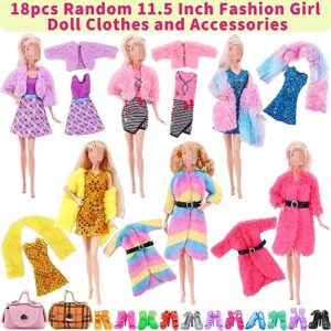 21 pcs 11.5 Inch Doll Clothes Fur Coat Winter Clothes and Accessories Includes 6 Sets Doll Fashion Clothes, 10 Pairs Doll Shoes, 2 Doll Bags for 30cm Girl Dolls Casual Doll Outfits Random Colors