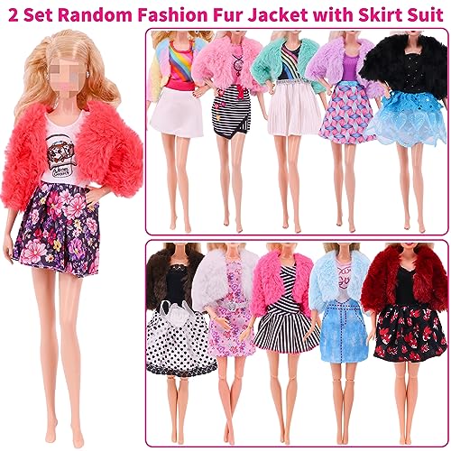 21 pcs 11.5 Inch Doll Clothes Fur Coat Winter Clothes and Accessories Includes 6 Sets Doll Fashion Clothes, 10 Pairs Doll Shoes, 2 Doll Bags for 30cm Girl Dolls Casual Doll Outfits Random Colors