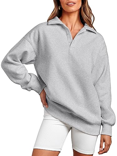 Caracilia Womens Oversized Sweatshirts Fleece Cute Pullover Long Sleeve Dressy Casual Shirts Comfy Hoodie Fall Tops Lightweight Buttons Down Sweatshirt 2023 Fashion Clothes C113A8-huahui-L Grey