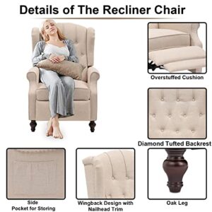 IPKIG Recliner Chair with Heated and Massage, Tufted Comfy Wingback Design Push Back Recliners Armchair Accent Chairs with Side Pockets for Living Room, Bedroom, Home (1, Beige)
