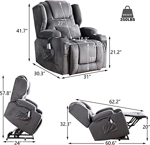 SAMERY Power Recliner Chair with Massage and Heat Velvet Electric Reclining Ergonomic Lounge Sofa Lift Chair for Elderly/Adult/Pregnant with USB Port, Pockets & Lumbar Pillow Living Room