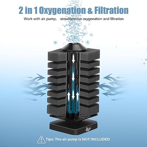 AQQA Aquarium Filter, Submersible Sponge Filter with Filtration and Aeration 2 in 1 Ultra Quiet Fish Tank Filters for 5-30 Gallon Shrimp Betta Fish Tank with 1pcs Replacement Sponge