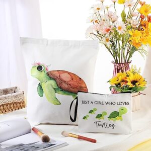Sieral 2 Pieces Turtle Gifts for Women Turtle Lover Gifts Travel Cosmetic Bags Turtle Portable Makeup Zipper Pouch and Canvas Tote Bag Reusable Turtle Gifts for Girl Woman Lady
