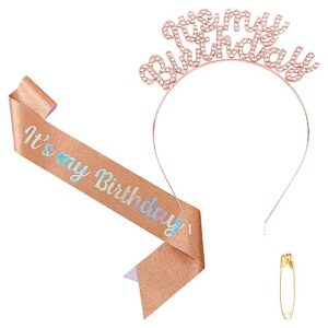 bahaby birthday crowns for women, it's my birthday sash & birthday headband set princess birthday sash and rhinestone tiara birthday gifts for women girls sweet happy birthday accessories for party- rose gold