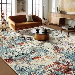 area rug living room rugs - 5x7 washable large modern abstract soft no slip indoor rug thin floor carpet for bedroom under dining table home office decor - blue