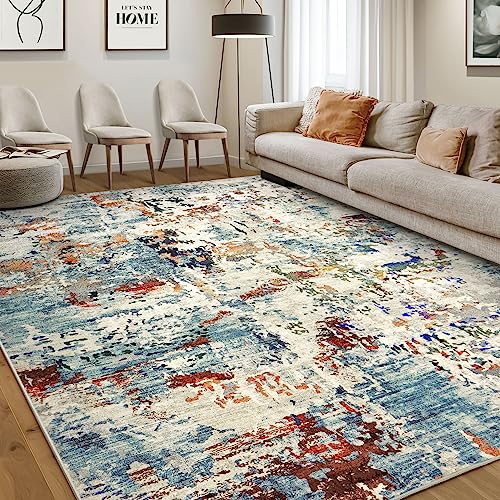 Area Rug Living Room Rugs - 5x7 Washable Large Modern Abstract Soft No Slip Indoor Rug Thin Floor Carpet for Bedroom Under Dining Table Home Office Decor - Blue