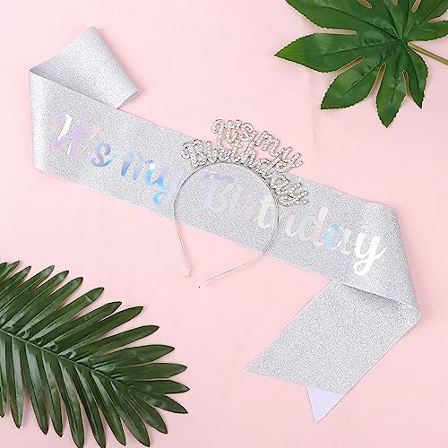 BAHABY Birthday Crowns for Women, It's My Birthday Sash & Birthday Headband Set Princess Birthday Sash and Rhinestone Tiara Birthday Gifts for Women Girls Sweet Happy Birthday Accessories for Party- Silver