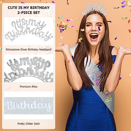 BAHABY Birthday Crowns for Women, It's My Birthday Sash & Birthday Headband Set Princess Birthday Sash and Rhinestone Tiara Birthday Gifts for Women Girls Sweet Happy Birthday Accessories for Party- Silver