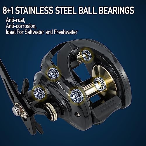Alwonder Baitcaster Fishing Reel, 33LBS Max Drag Carbon Fiber Saltwater Fishing Reel with 8+1 Stainless Steel Ball Bearings, 6.4:1 Gear Ratio Freshwater and Saltwater Long Casting Baitcasting Reel R