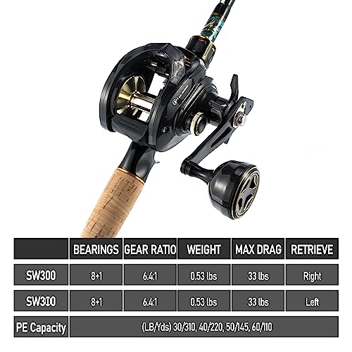 Alwonder Baitcaster Fishing Reel, 33LBS Max Drag Carbon Fiber Saltwater Fishing Reel with 8+1 Stainless Steel Ball Bearings, 6.4:1 Gear Ratio Freshwater and Saltwater Long Casting Baitcasting Reel R