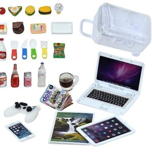 27 Pieces Dollhouse Mini Laptop Tablet and Smart Phone Newspaper Book Miniatures Hamburger Cake Coffee Juice Trolley case DIY Play Game Party Toys Accessories (White Set)