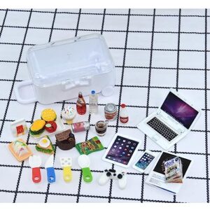 27 Pieces Dollhouse Mini Laptop Tablet and Smart Phone Newspaper Book Miniatures Hamburger Cake Coffee Juice Trolley case DIY Play Game Party Toys Accessories (White Set)