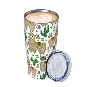 20oz insulated coffee tumbler with straw stainless steel swig tumblers,travel mugs insulated for hot and cold,reusable thermal water bottle cup for car camping exercise（llama animal cactus floral ）